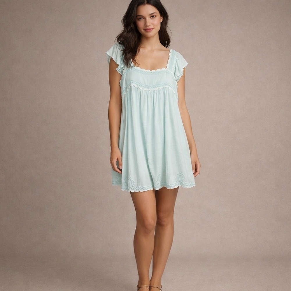 J. Marie Brooklyn Dress Mint Green Embroidered Flutter Sleeve Linen Blend Large